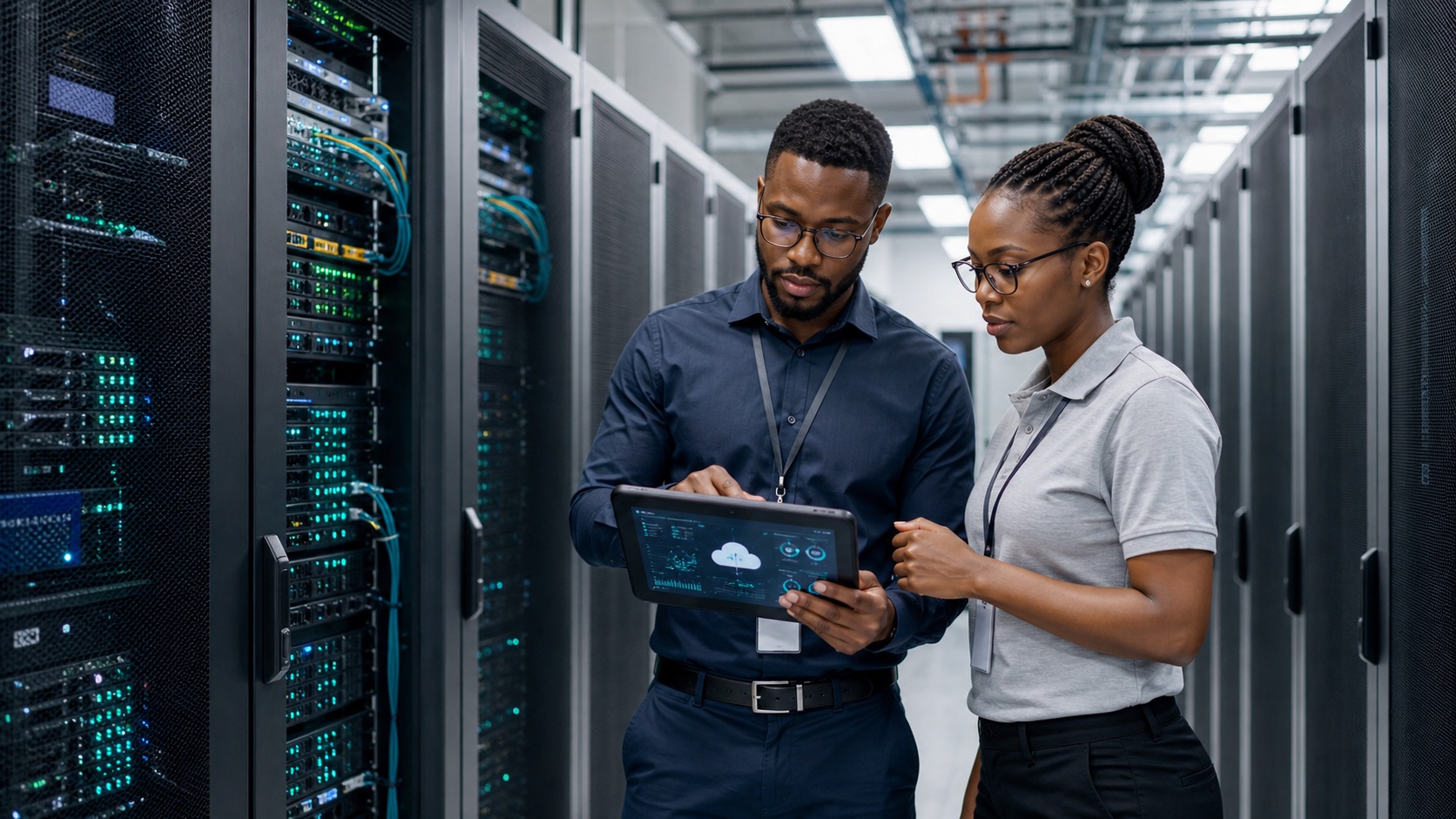 Cloud infrastructure engineers inspecting enterprise datacenter systems