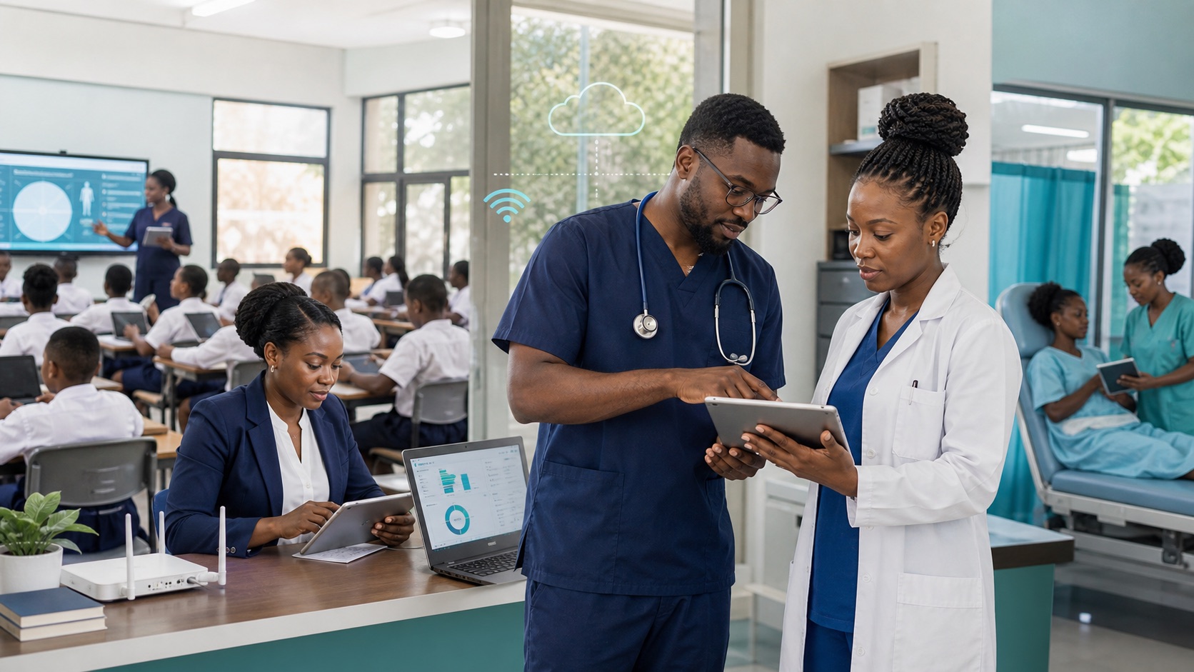 Healthcare professionals using connected tablets and secure digital records