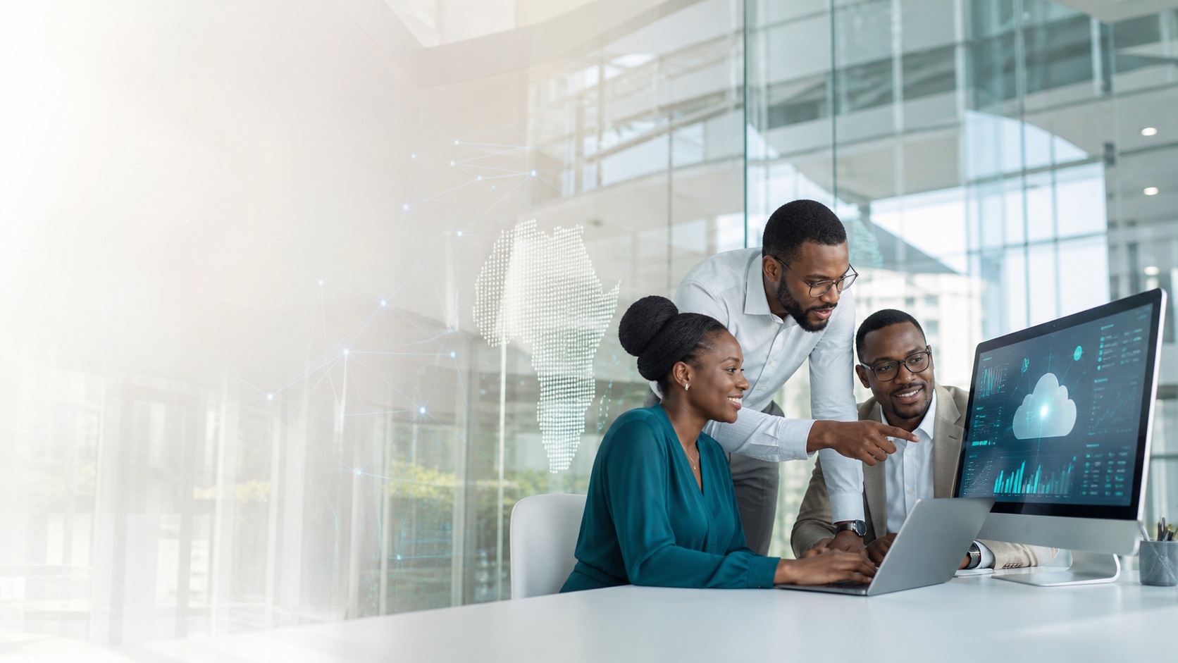 African business team reviewing cloud analytics and digital transformation dashboards